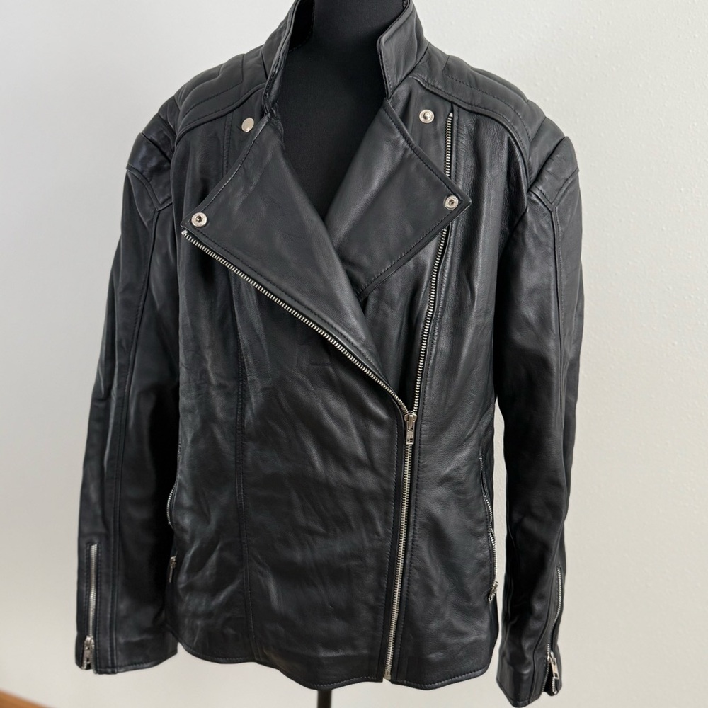 Black Lambskin Leather Moto Jacket Oversized Asymmetrical Zip Biker